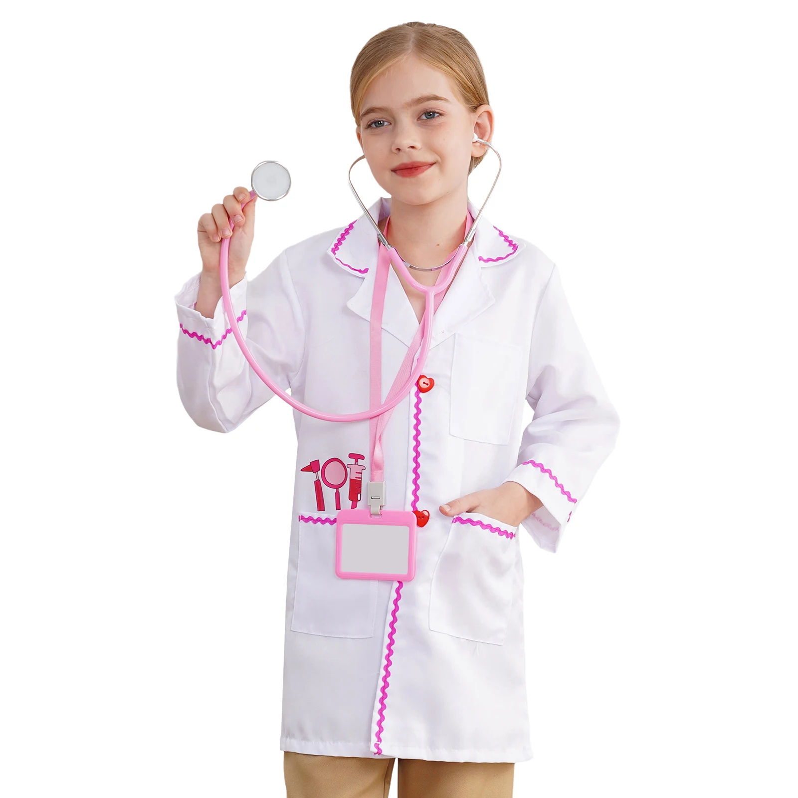 Boys Girls Career Day Doctor Cosplay Costume Robe with Stethoscope Toy Work Card Set for Halloween Theme Party School Activities