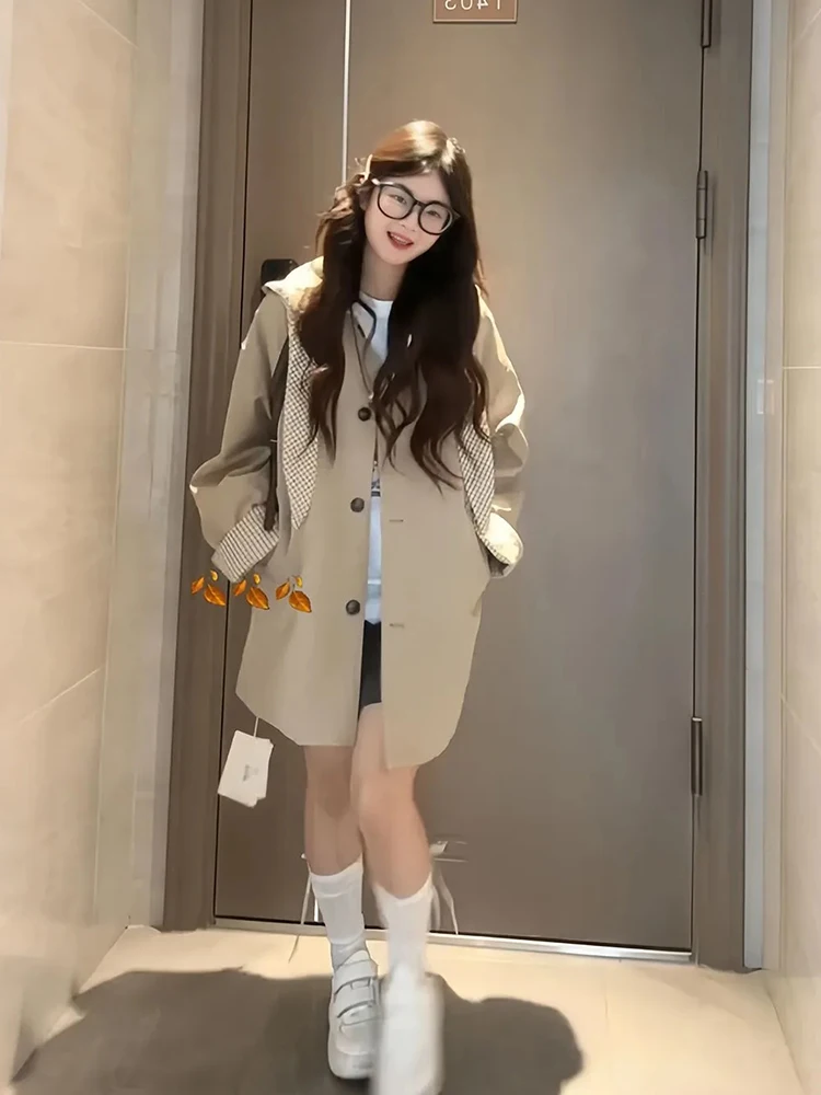 Korean Style College Windbreaker Jacket Women's Autumn New Loose Long Slimming Coat Small Size Medium Length Single Button