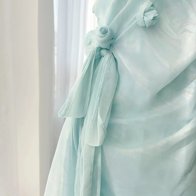 2025 Summer French Elegant Chiffon Dress Off-Shoulder Sleeveless Smocked Waist Light Blue Women's Party Dresses