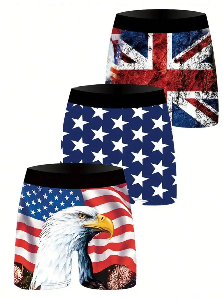 

3pcs Patriotic Print Mens Knitted Breathable Boxer Shorts For Casual Wear
