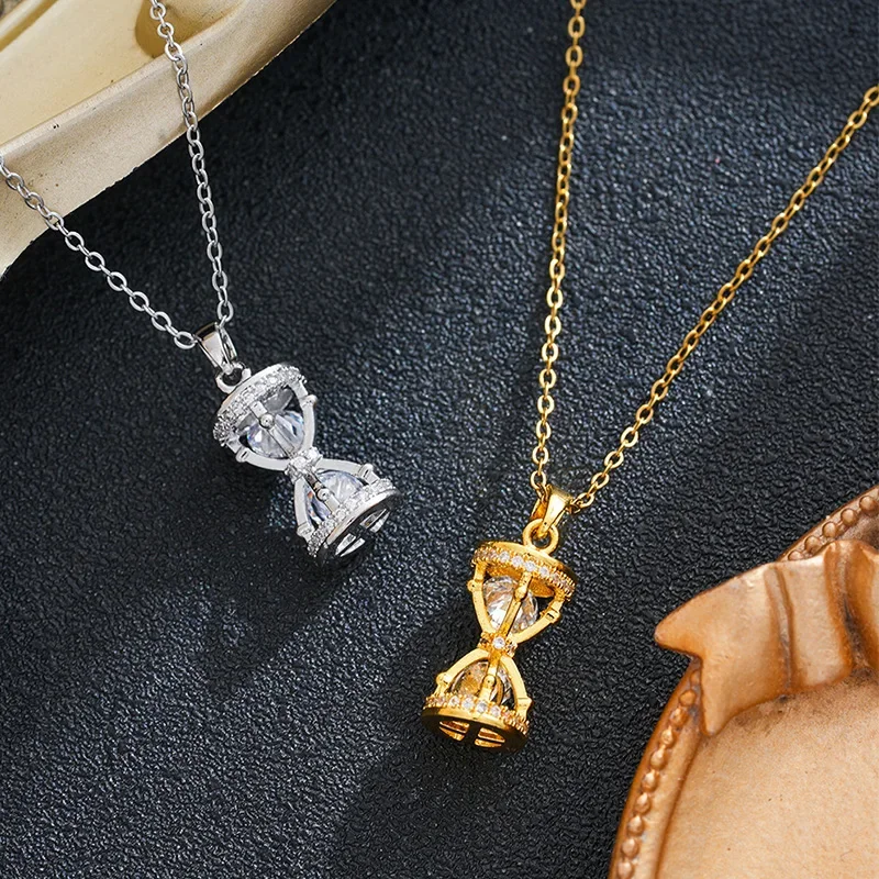 Stainless Steel CZ Hourglass Pendant NecklaceWomen Gold Silver Color Hypoallergenic FadeResistant Luxury Fashion Jewelry Gift