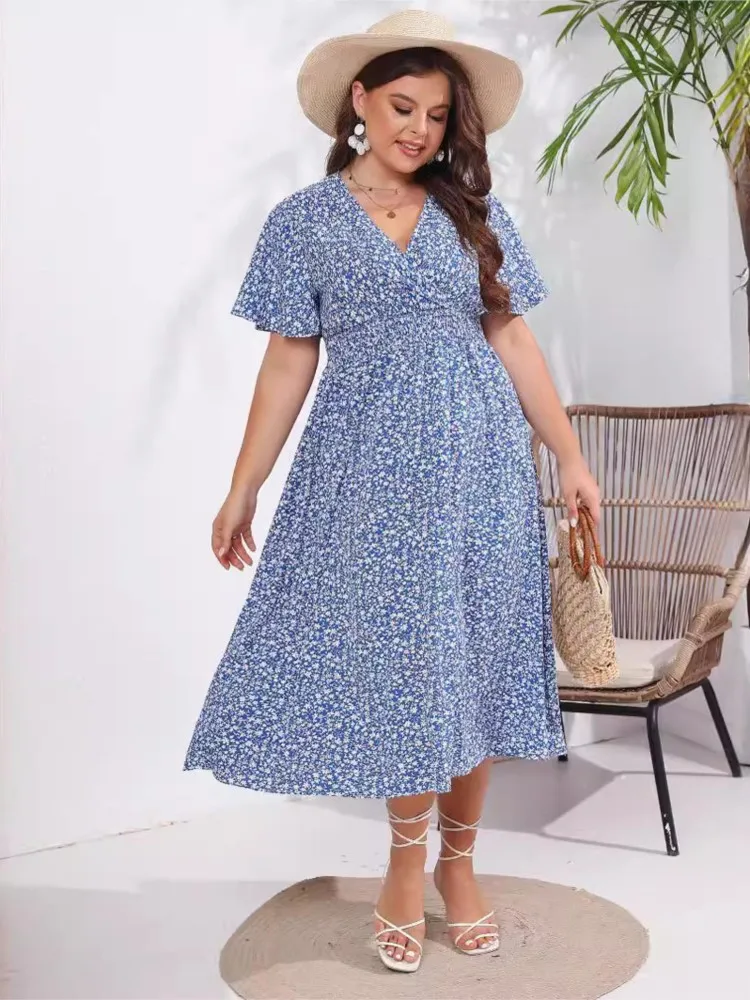 Plus Size Summer Midi Dress Women Floral Print Fashion Elegant Ruffle Pleated Ladies Dresses Loose V-Neck Woman Dress