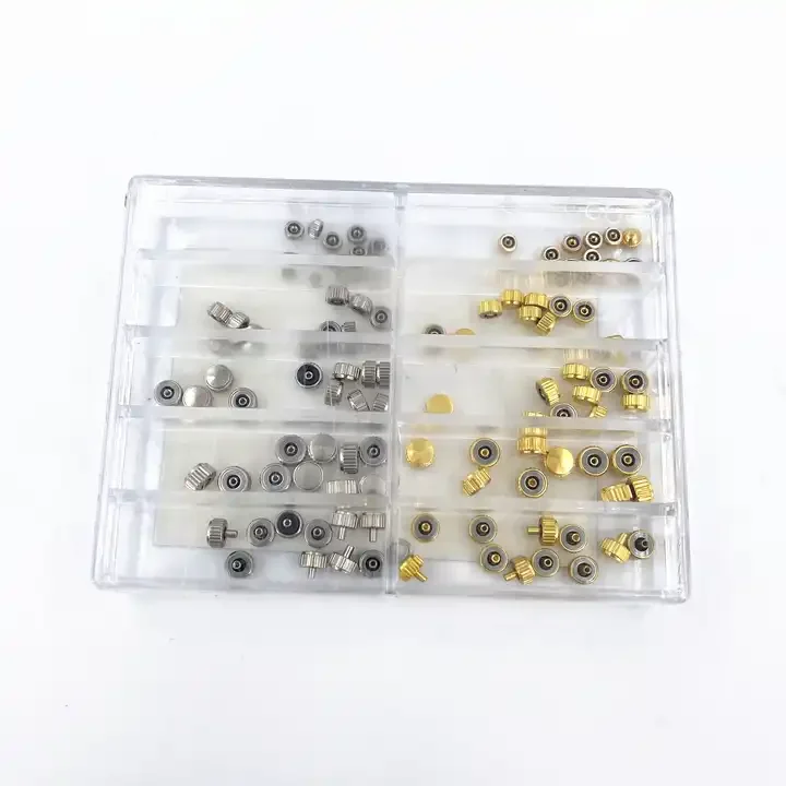 Watch parts 100PCS Crown Boxed Parts Replacement Assorted Gold and Silver Flat Watch Accessories Repair Tool Kit for Watchmakers