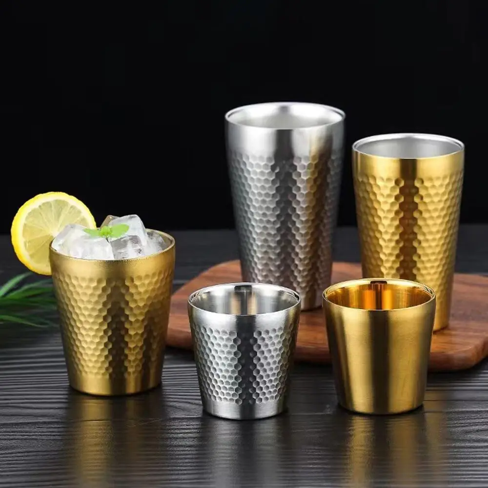 Stainless Steel Hammered Texture Double Wall Beer Cups Milk Mugs Cold Water Drinks Cup for Kitchen