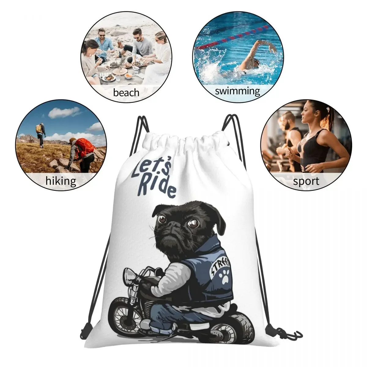 Let's Ride-mochila con cordón para motocicleta, bolsa deportiva con bolsillo, color negro, para perro Pug