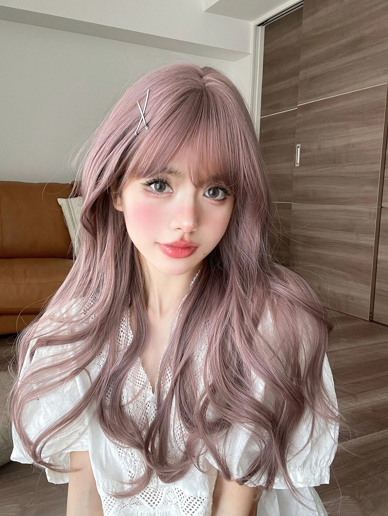 24Inch Pale Purple Color Synthetic Wigs with Bangs Long Natural Wavy Hair Wig For Women Daily Use Cosplay Party Heat Resistant