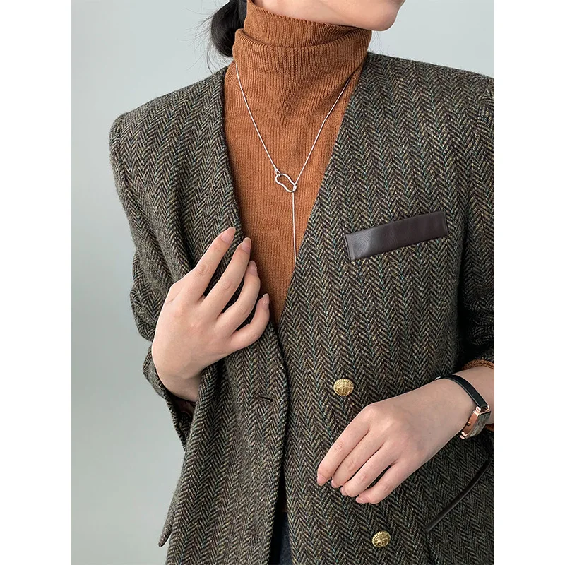 High-end visgraatpatroon blazer dameskleding herfst/winter V-hals Koreaanse mode commuter losse wollen jasje dames top