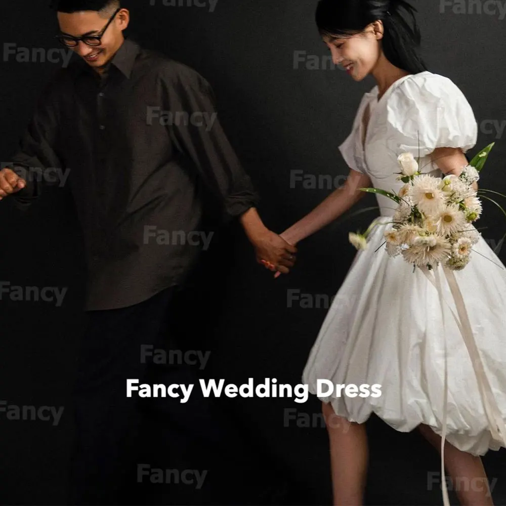 

Fancy Simple Taffeta Marriage Certificate Dress A Line Taffeta Wedding Dress Puff Sleeve Bridal Gown Back Corset Customized