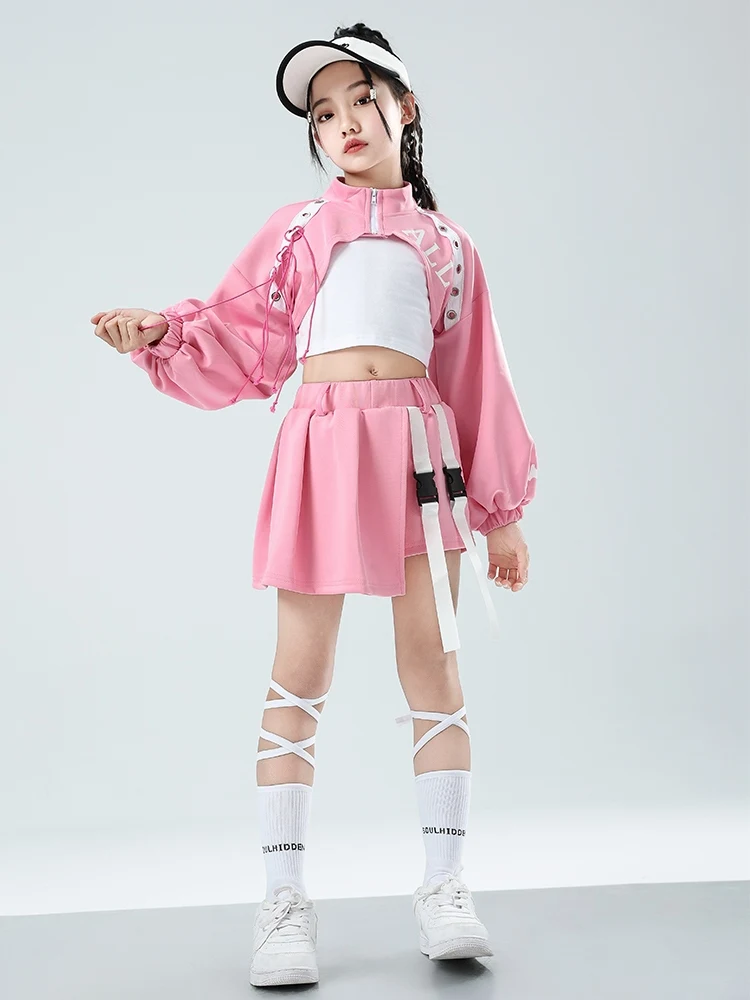 2024 Pink Jazz Dance Costume Girls Kpop Group Hip Hop Performance Clothes Crop Tops Skirt Shorts Kids Concert Stage Wear BL12566