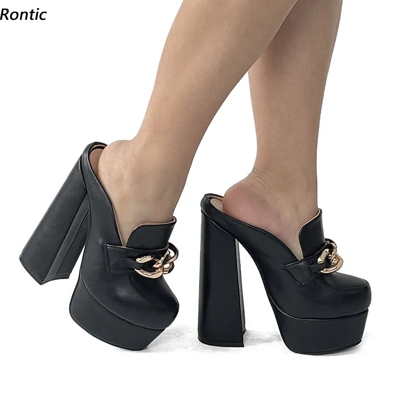 Rontic Handmade Women Platform Mules Pumps Sexy Chunky Heels Round Toe Pretty Black Street Shoes Ladies US Plus Size 5-20