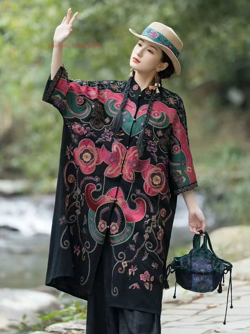 2024 chinese vintage wind coat traditional hanfu tops national flower embroidery jacquard coat oriental ethnic loose jacket