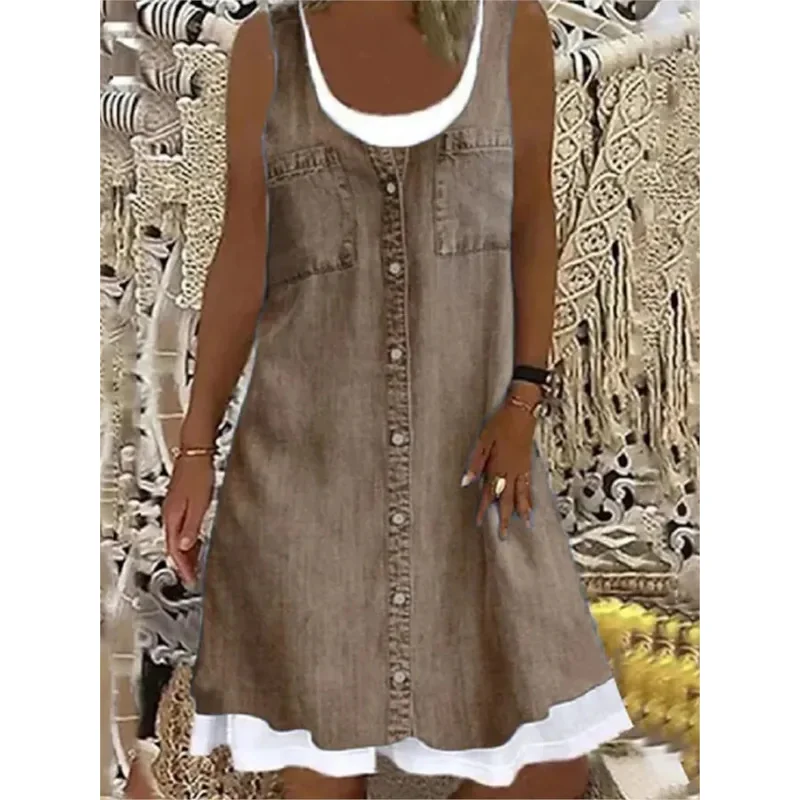 Новинка 2023 года для женщин, летнее платье без рукавов с искусственным принтом, свободные повседневные платья из двух предметов, женские праздничные платья с круглым вырезом, PartBear House 002