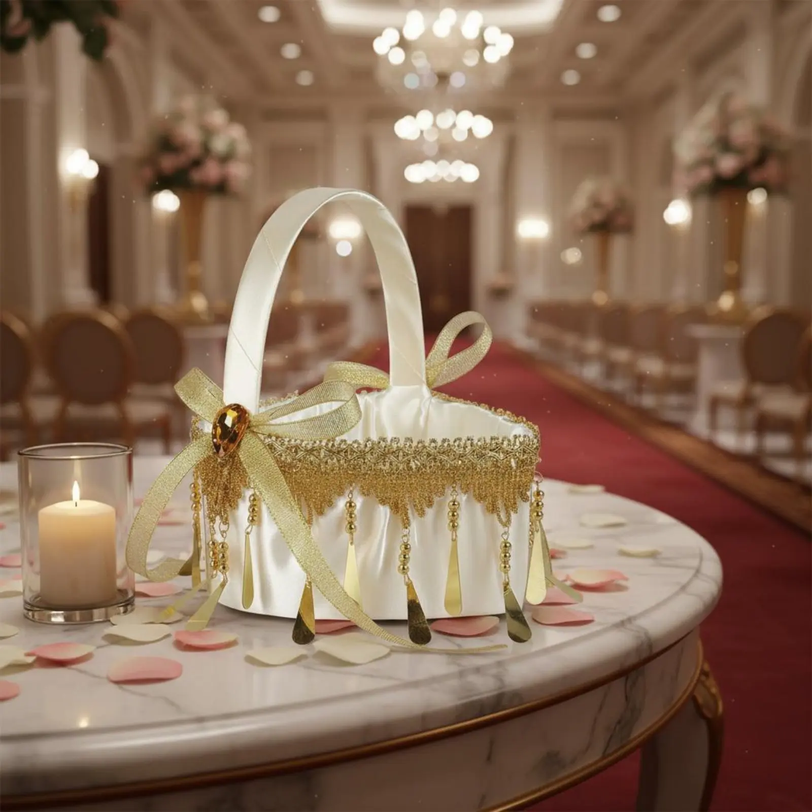 2 Pieces Flower Girl Basket Luxury Design Gold Tassel Basket Event Accessory Handmade Ribbon Bow for Bride, Bridal Shower