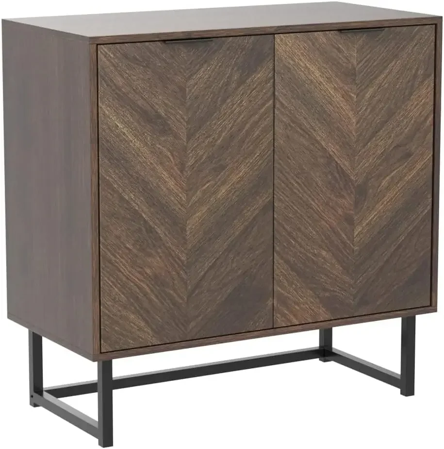 Aparador moderno Enloe, mueble decorativo para almacenamiento tipo buffet con puertas en un acabado rústico de nogal y base de metal negro mate
