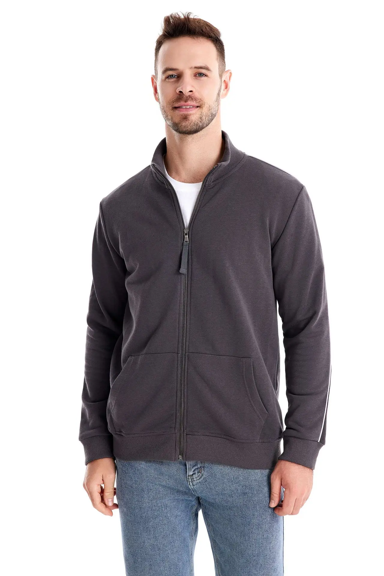 Autumn Winter Stand Collar Zip-Up Long Sleeve Sweatshirt Men's Color-Block Sportswear