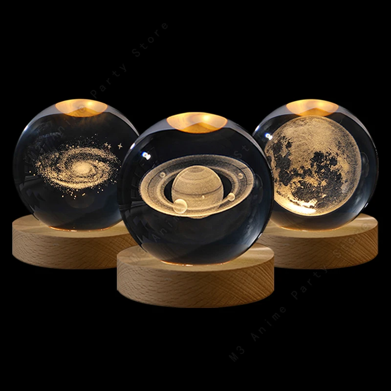 Unique 3D Crystal Ball Night Light Led Lamp Bedside Table Glowing Galaxy Lamp Saturn Planets Moon Children Birthday Gift Toy 5cm