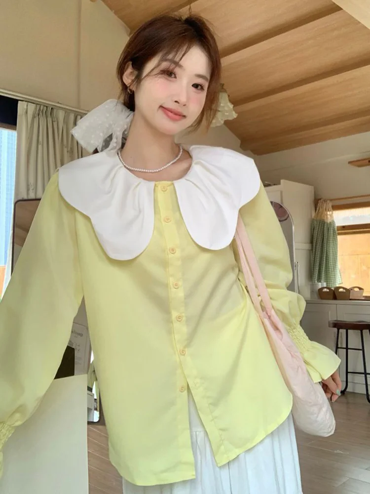 Estilo preppy doce bonito camisas femininas solto elegante manga longa outono blusa vintage casual macio japão feminino amarelo kawaii topos