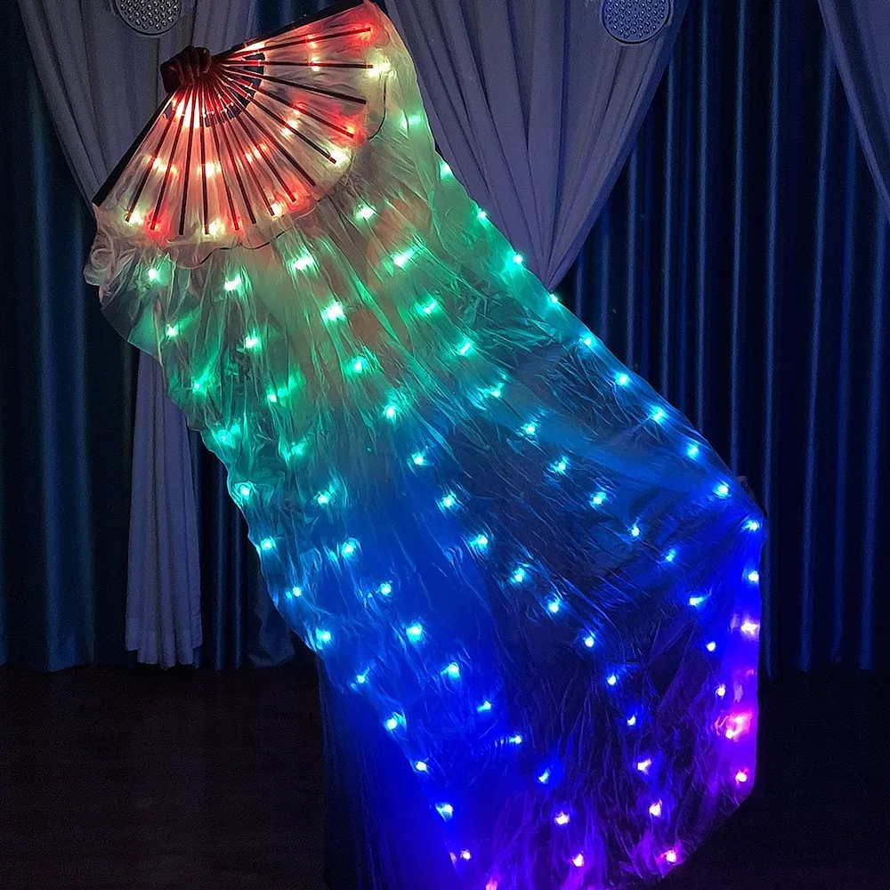 Silk LED Rainbow Long Fans, RGB Colorful Belly Dance Veil, Performance Prop Bar, Nightclub Cosplay, Costume Shows Accessories