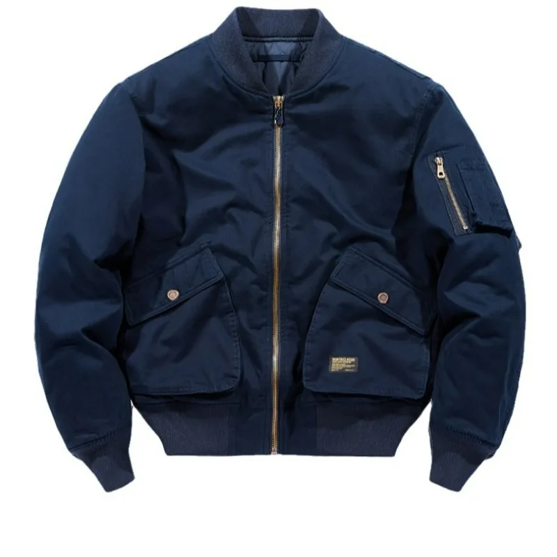 KIDWHXR Bomber Coat Winter Man Thicken Warm Stand Collar Men Jacket Retro Solid Long Sleeve Outdoor Workwear Male Outerwear