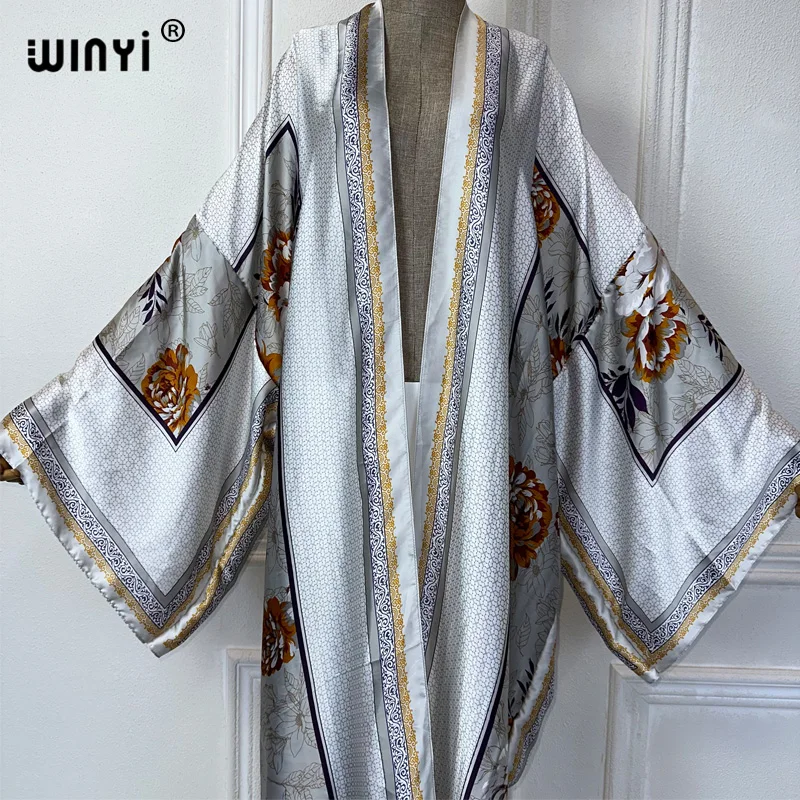 WINYI kimono estivo boho print beach wear donna costume da bagno elegante donna africana boho Cardigan sexy Holiday silk feeling dress