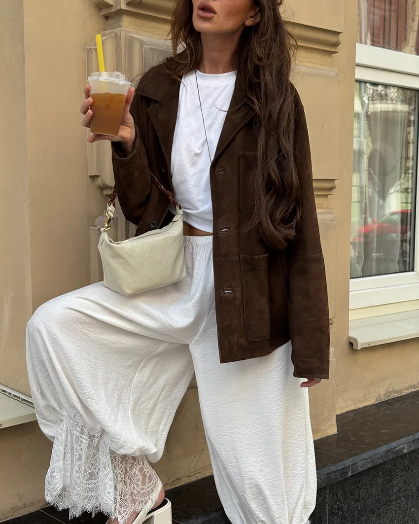 BKLD 2025 Autumn Women Clothing Fashion Hollow Out Lace Edge Elastic Band Casual Loose Ruched High Waist Haren Pants White