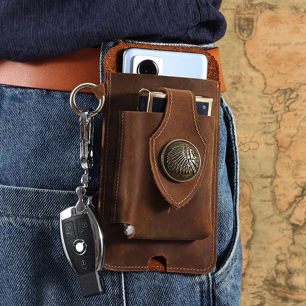 Genuine Leather Male Belt Waist Packs Multifunctional Portable Retro Phone Holster Bag Cigarette Bag with Keychain Leather Gift