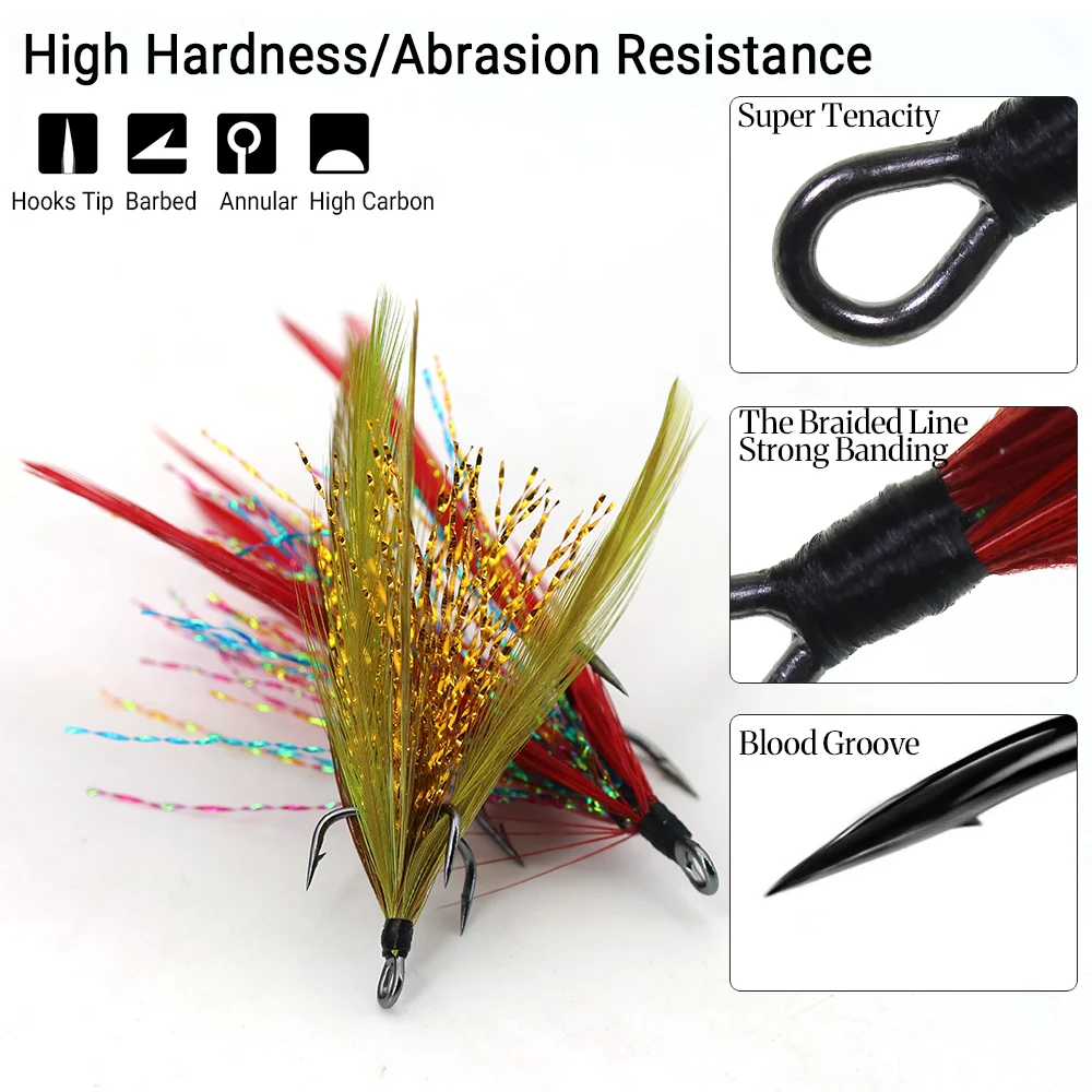 4PCS Feathered Treble Saltwater Fish Hook, High Carbon Steel