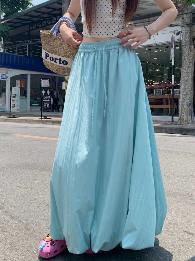 Harajuku Gothic Loose Skirt Women Streetwear Fashion Summer Long Bubble Skirts Elastic High Waist Lace Up Maxi Skirts For Women