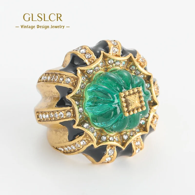 

Vintage Rings For Woman Ice Green Pumpkin Black Drip Oil Gold Color Rhinestone Luxury Jewelry Charms Fashion Thanksgiving