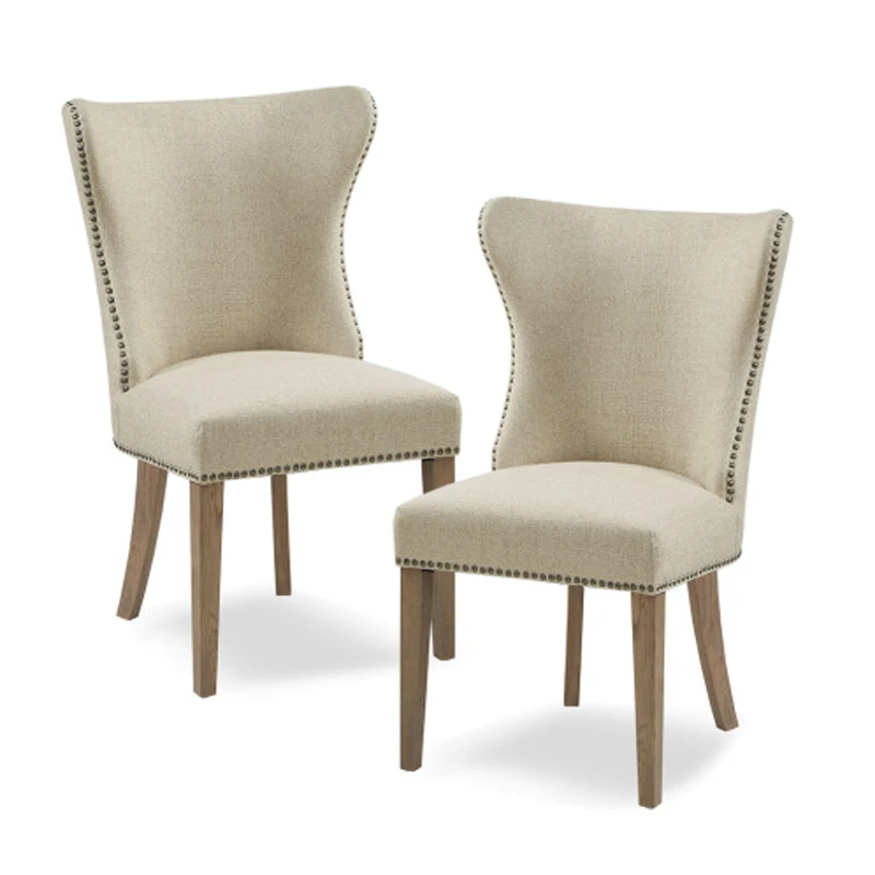 Dining Side Chair Set of 2 - Rich Cream Fabric, Dark Pewter Trim, Light Wood Legs, Transitional Style, Sophisticated