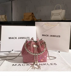 Luxury String Bucket Bag Crystal Shiny Rhinestones Diamond Evening Bag Women's Handbag Wedding Party Clutch Purse Crossbody Bag