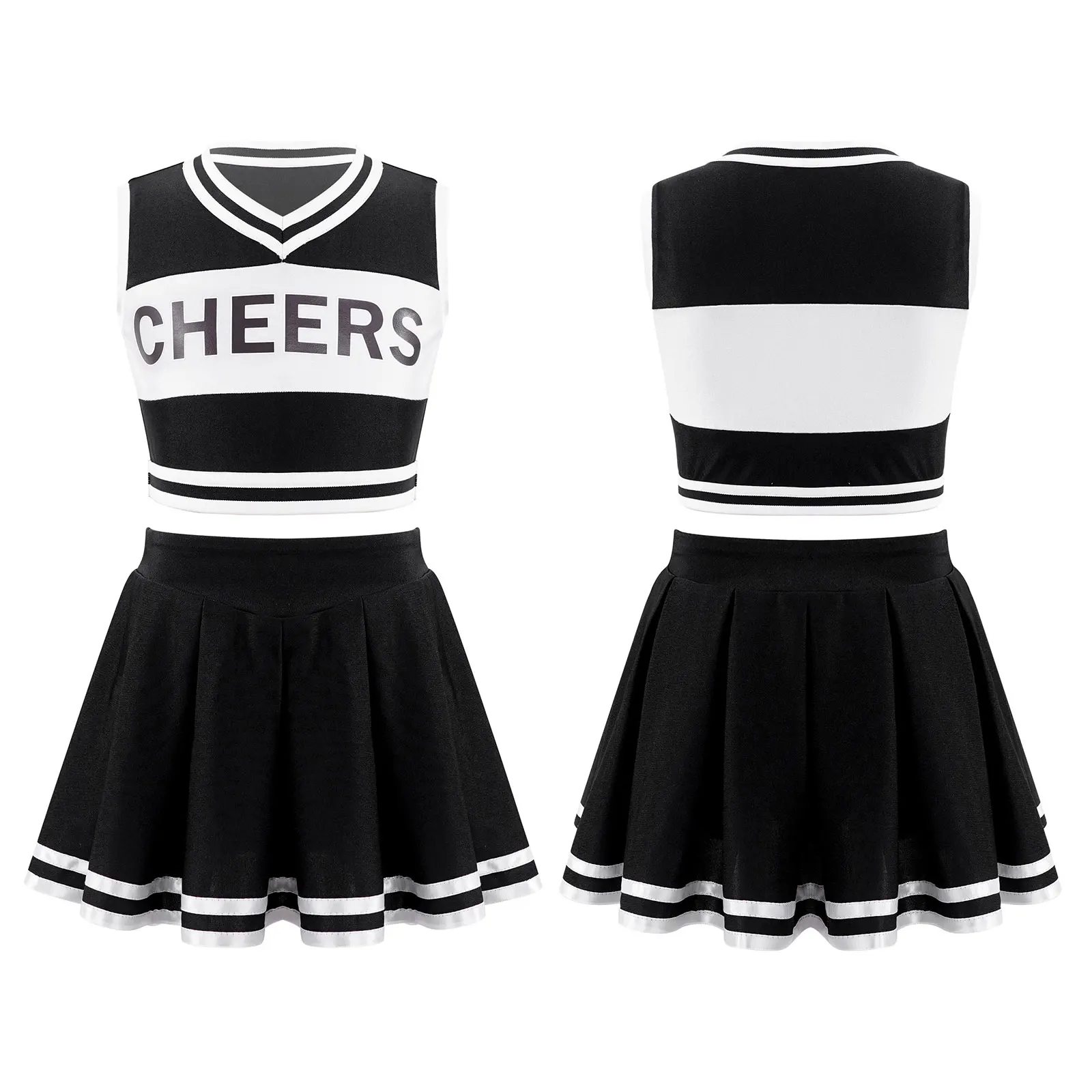 

Summer Cheerleader Uniform Kids Girls Sleeveless V Neck Crop Top+Mini Pleated Skirt Set Competition Stage Performance Costume