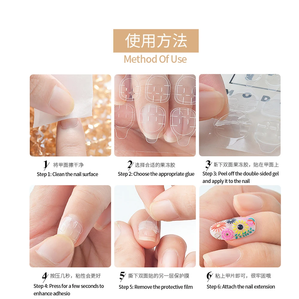 50 Blatt 24 Stück/Blatt doppelseitiges falsches Nagelkunst-Klebeband, Kleber, Gelee, transparent, wasserfest, Tabs für Nägel