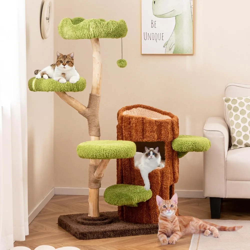

Solid Wood Cat Tree, Cute Cat Tower with Scratching Posts, 2-Tier Tree Hole Cat Condo, Wood Branches, Sisal Panel, Customized