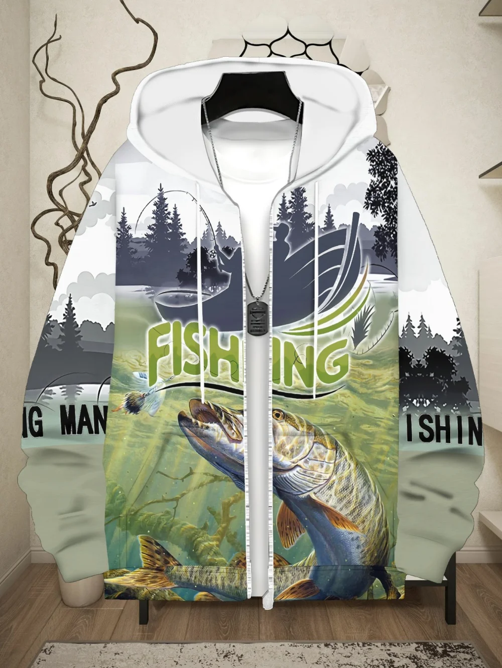 Mens Lightweight Fishing Print Hooded Zip-Up Gray Polyester Outdoor Activities Casual Multicolor Oversize Men's Sweatshirt Tops