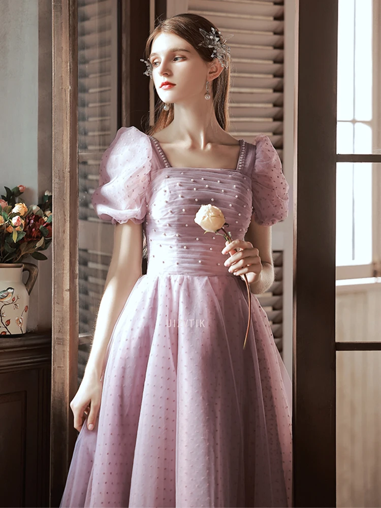 2025 New Customized Long Pink Tulle Wedding Photoshoot Dresses A-Line Square Neck حزب اللباس Floor Length Prom Dress for Women