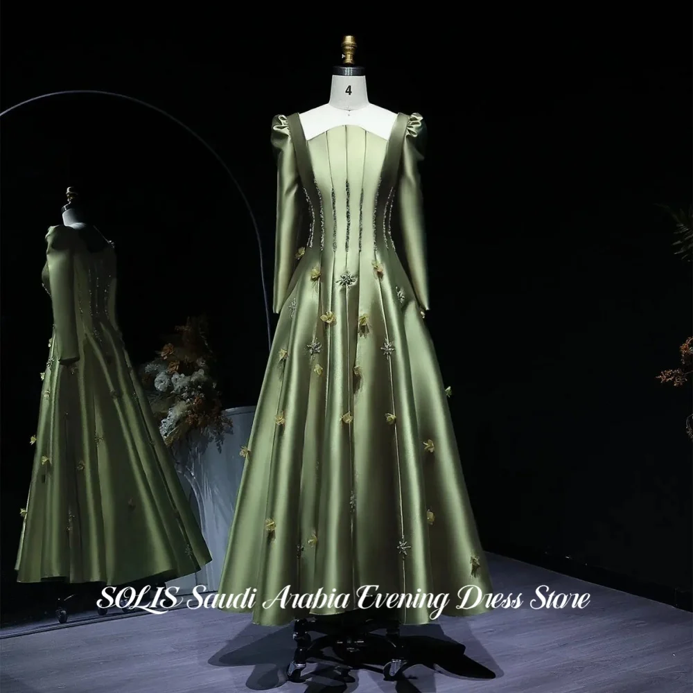 

SOLIS Sage Green Prom Dress Long Puff Sleeve Evening Dress with Beaded Corset 3D Appliqué Satin A-Line Party Dress Customized