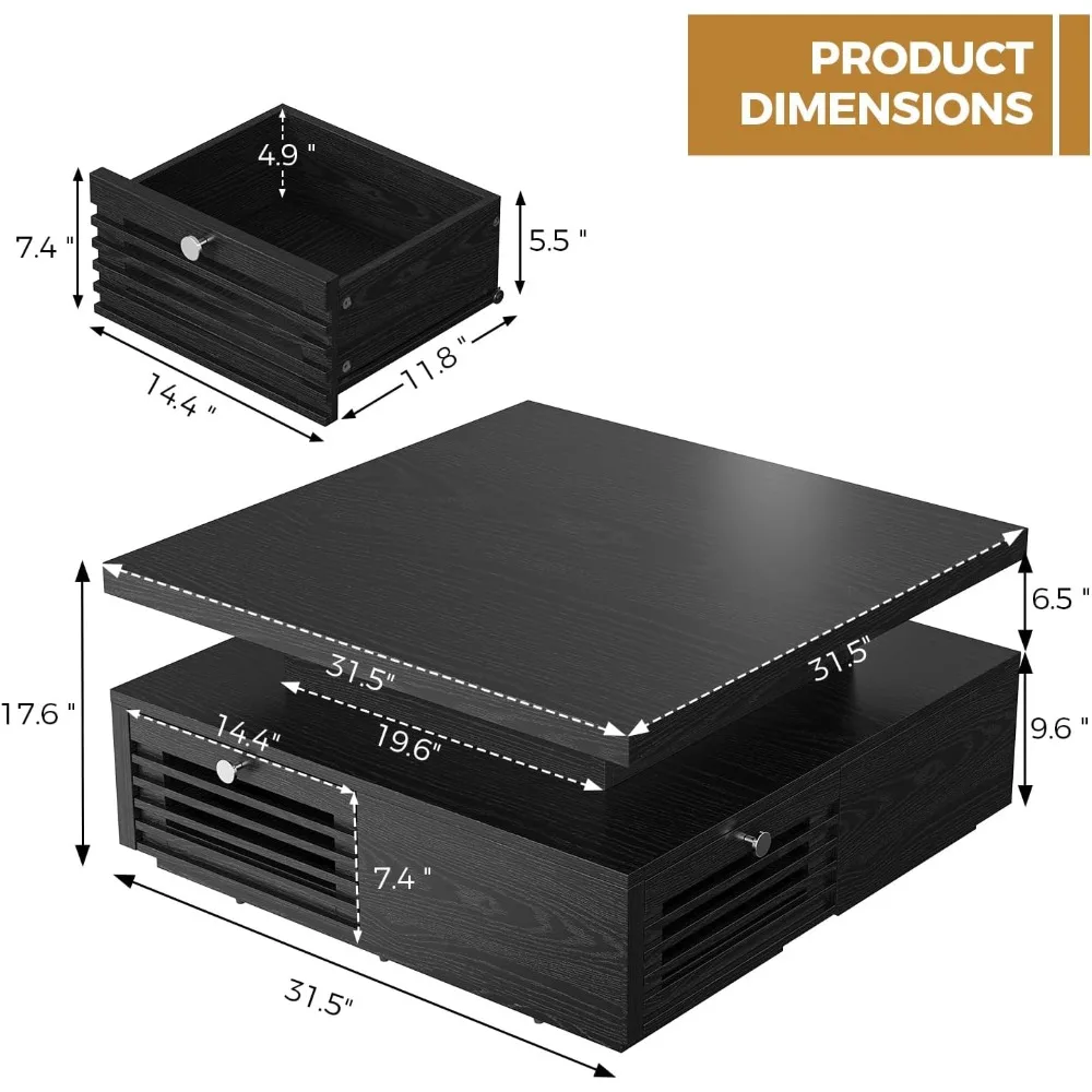 طاولة قهوة مع ضوء LED ومحطة شحن، 4 أدراج تخزين بتصميم شبكي، طاولة قهوة مربعة لغرفة المعيشة