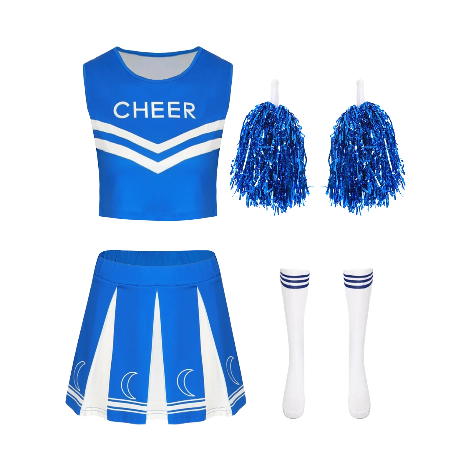

Women Cheerleading Uniforms with Sleeveless Letter Print Crop Top Pleated Skirt with Socks Flowers School Girls Dancewear Sets