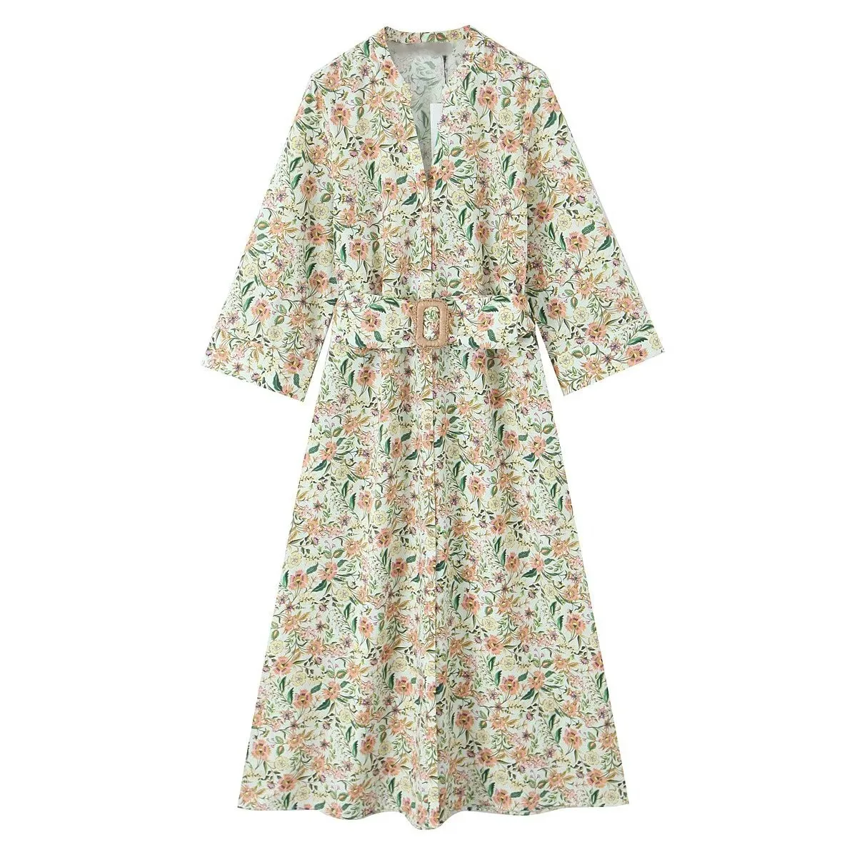 

ZBZA Women Floral Print Midi Dress with Belt Pleated V-neck Long-sleeved Single-breasted A-line Dress Spring Summer New Chic Top