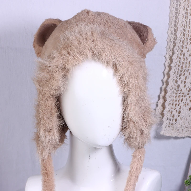 Otoño e Invierno ciclismo cálido y versátil protección para los oídos lindo peludo piel de zorro oso oreja sombrero parece pequeño conjunto de bufanda con capucha de dos piezas