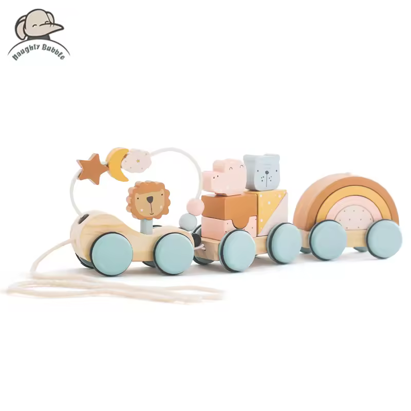 צעצועי מונטסורי עץ בלוקים לבניית רכבת בלוקים משחק דחיפה ומשיכה את העגלה באופן ידני צעצועי איזון לתינוקות מתנות