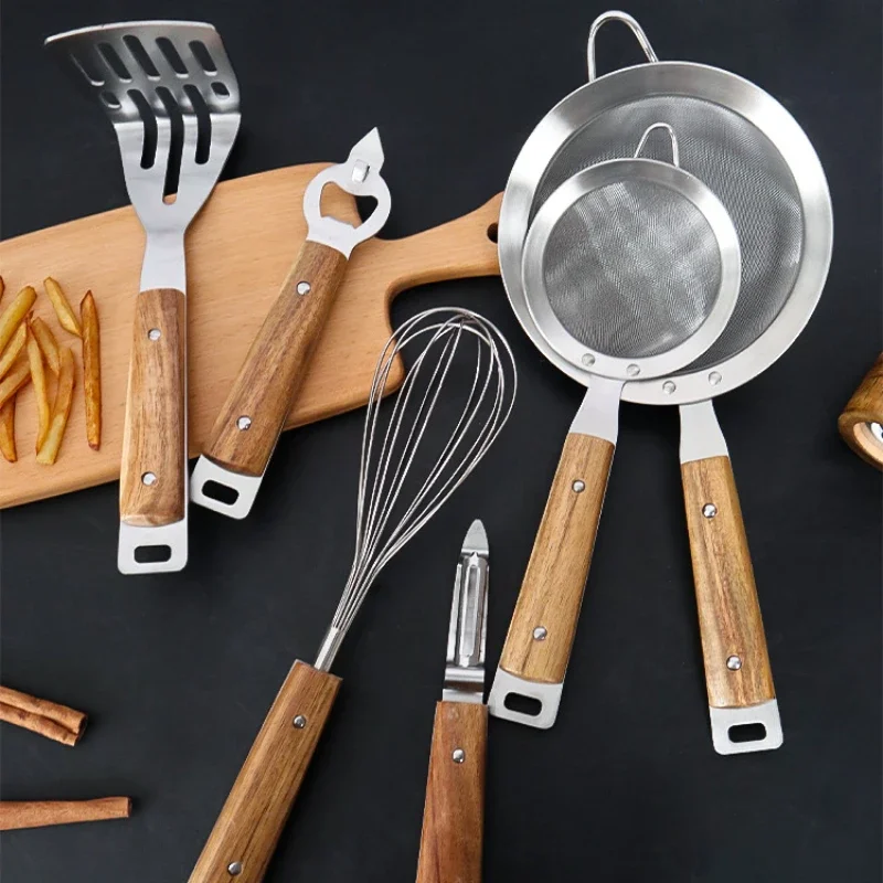 Stainless steel oil partition kitchen accessories, wooden handle kitchen tools, mash knife, egg batter, bottle