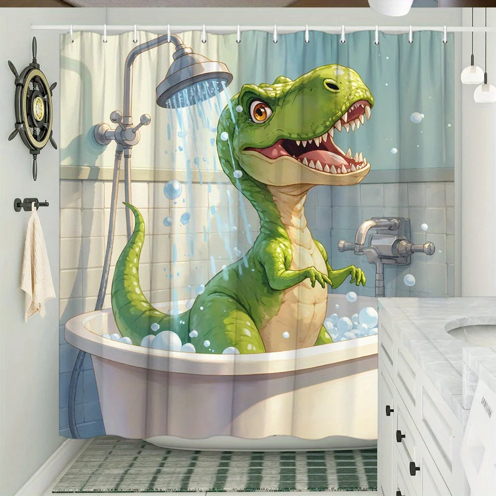 Cartoon Cute Green T-Rex Dinosaur Taking Bubble Bath In Tub Shower Water Tile Print Shower Curtain Waterproof Mildew Resistant P