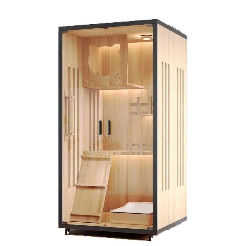 

Solid Wood Cat Cage and Pet House Comfortable Shelter with Villa Style Button Closure for Living Room for Cats and Pets