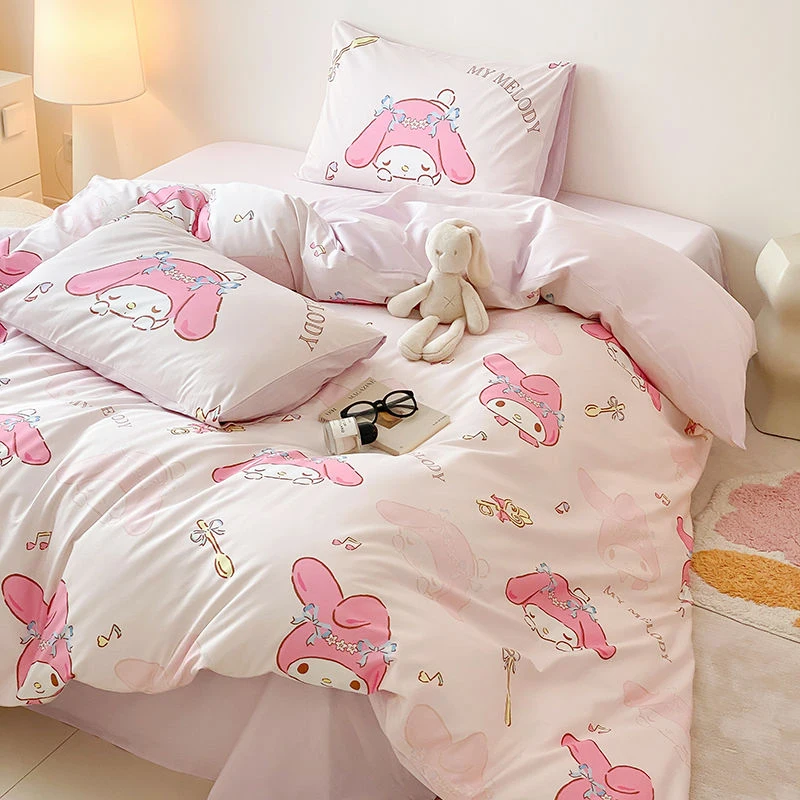 

Kawaii Sanrios Hello Kitty My Melody Kuromi Cotton Four-Piece Set Cute Animal Printing Pillowcases Student Dormitory Bed Sheet