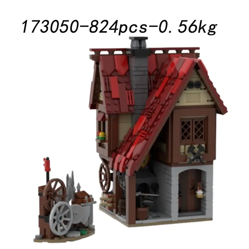 تجميع الجسيمات الصغيرة بناء لعبة المكعبات قلعة القرون الوسطى الحظيرة MOC-87196 708 قطعة 169454 مخبز بناء نموذج متجر الحداد v