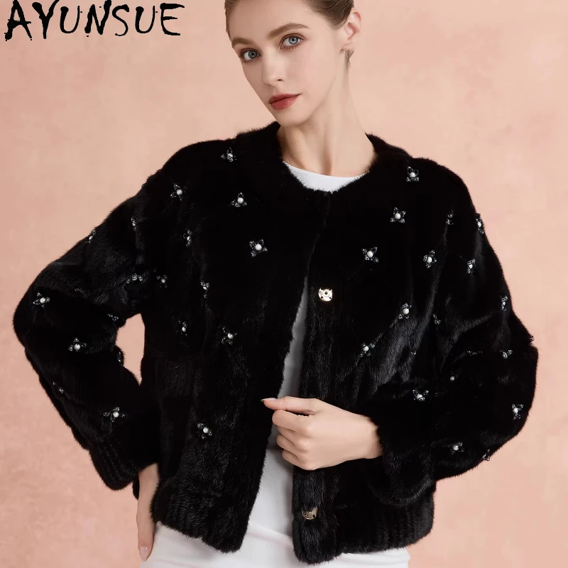 AYUNSUE Real Fur Coats Woman Elegant Winter Fur Jacket Stylish Black Outerwears Whole Mink Fur Coat Woman Clothes Manteau Femme