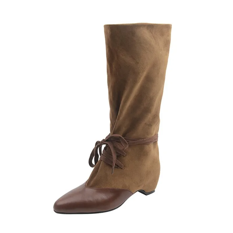 Designer Women Long Boots Pointed Toe Heeled Knee High Shoes New Low Heels Chelsea Boots Walking Trend Goth Lace Up Mujer Botas