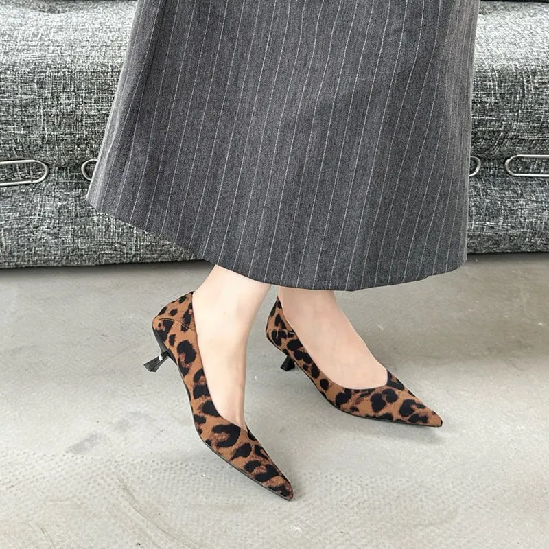 Fashion Brand Leopard Print Pumps Low Heel Shoes Women Pointed Toe Shallow Dress Elegant Ladies Office Shoes Female Loafer Mujer